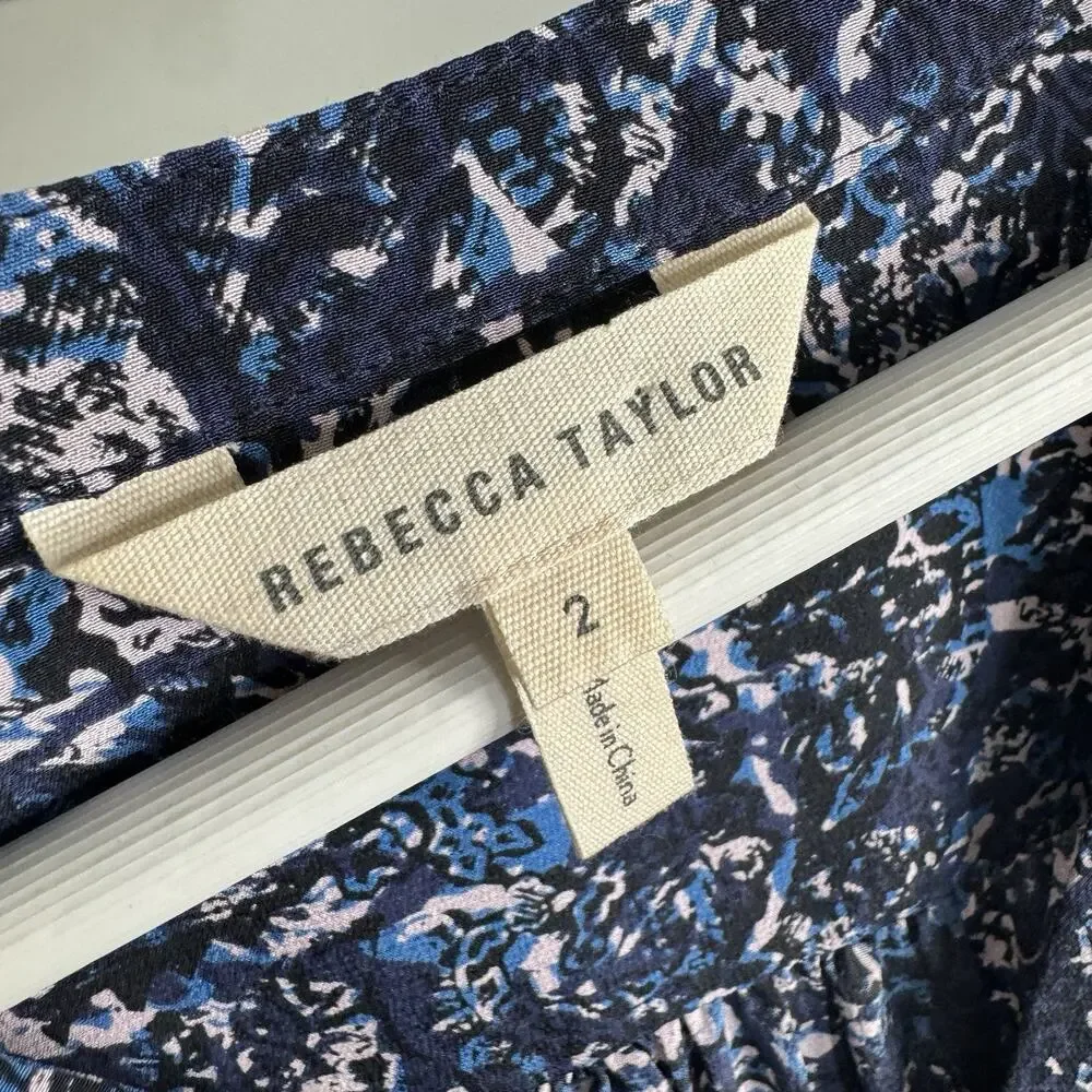 Rebecca Taylor 100% Silk Dress Womens 2 Blue Printed Cinched Tassel Puff‎ Sleeve
